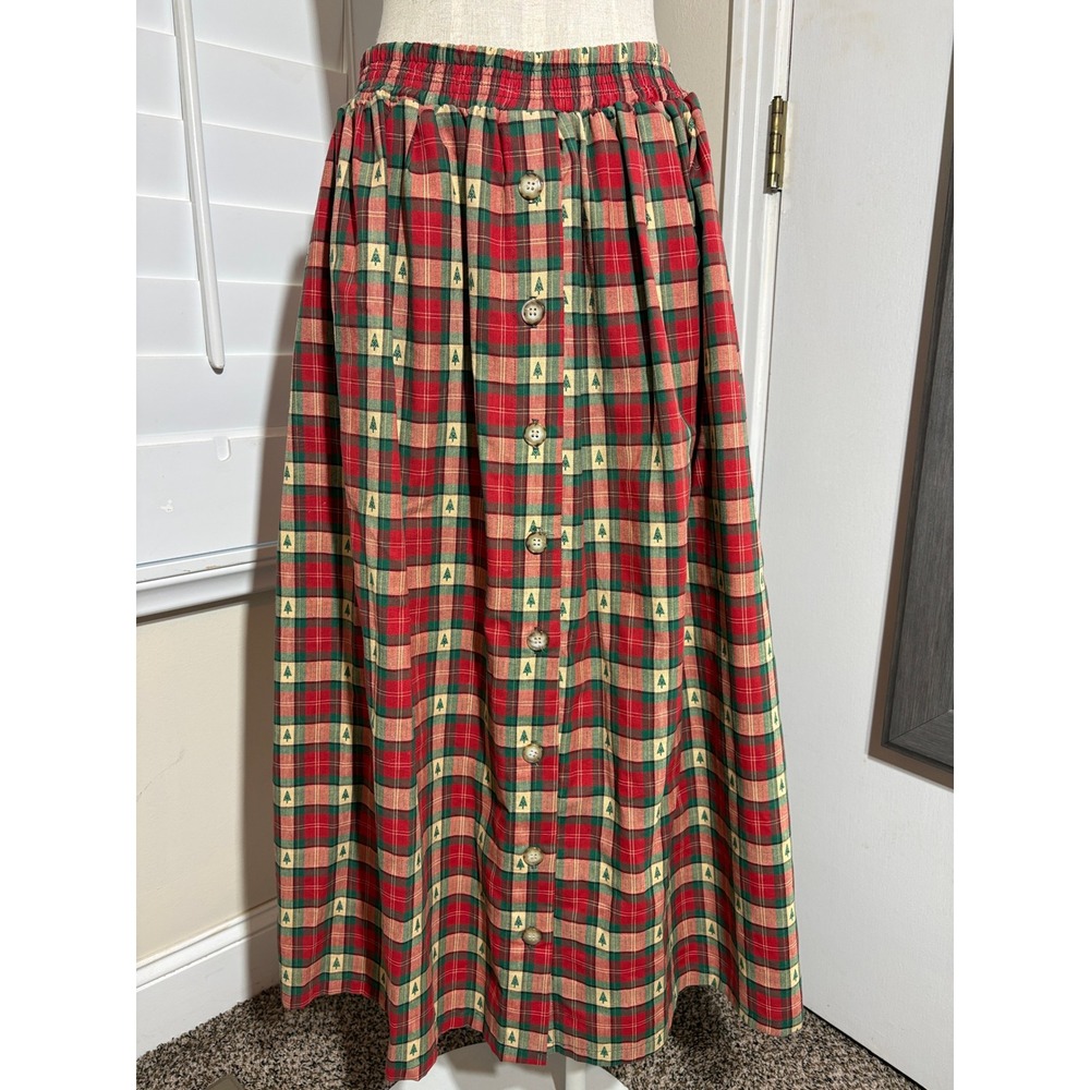 VTG Orvis Skirt L Red Plaid Christmas Tree Embroidery Button Front Cotton